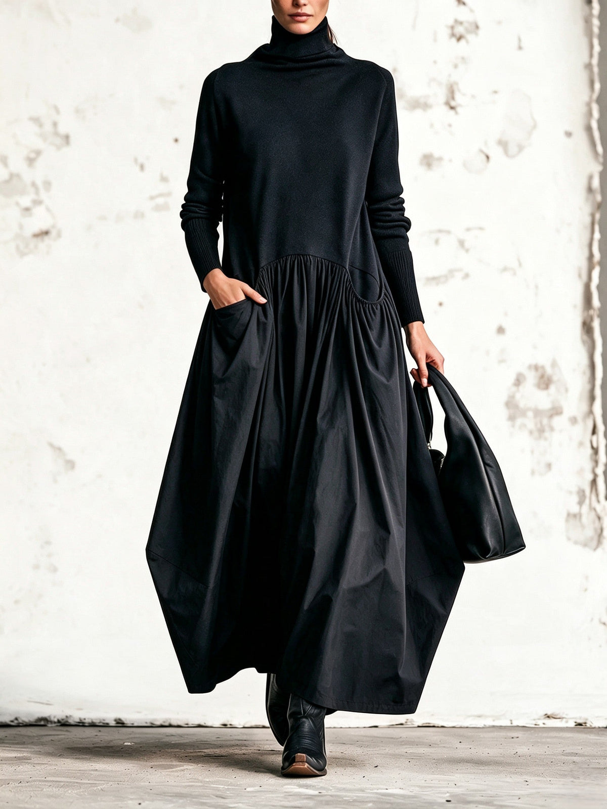 Lore | Vestido largo oversize con cuello alto y bolsillos grandes
