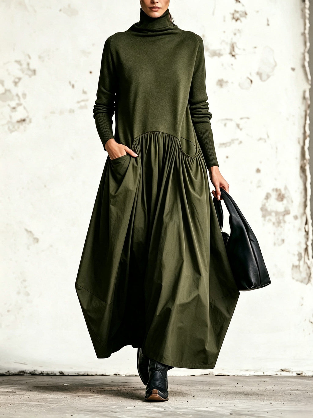 Lorena | Vestido largo oversize con cuello alto y bolsillos grandes