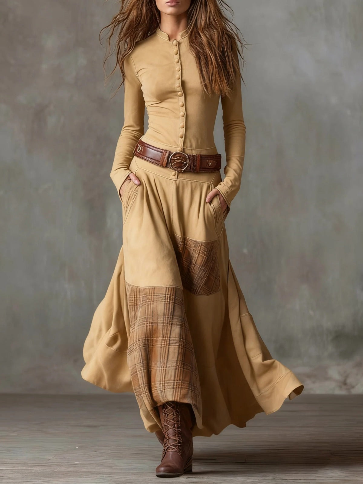 Élis | Vestido largo de ante sintético con cinturón