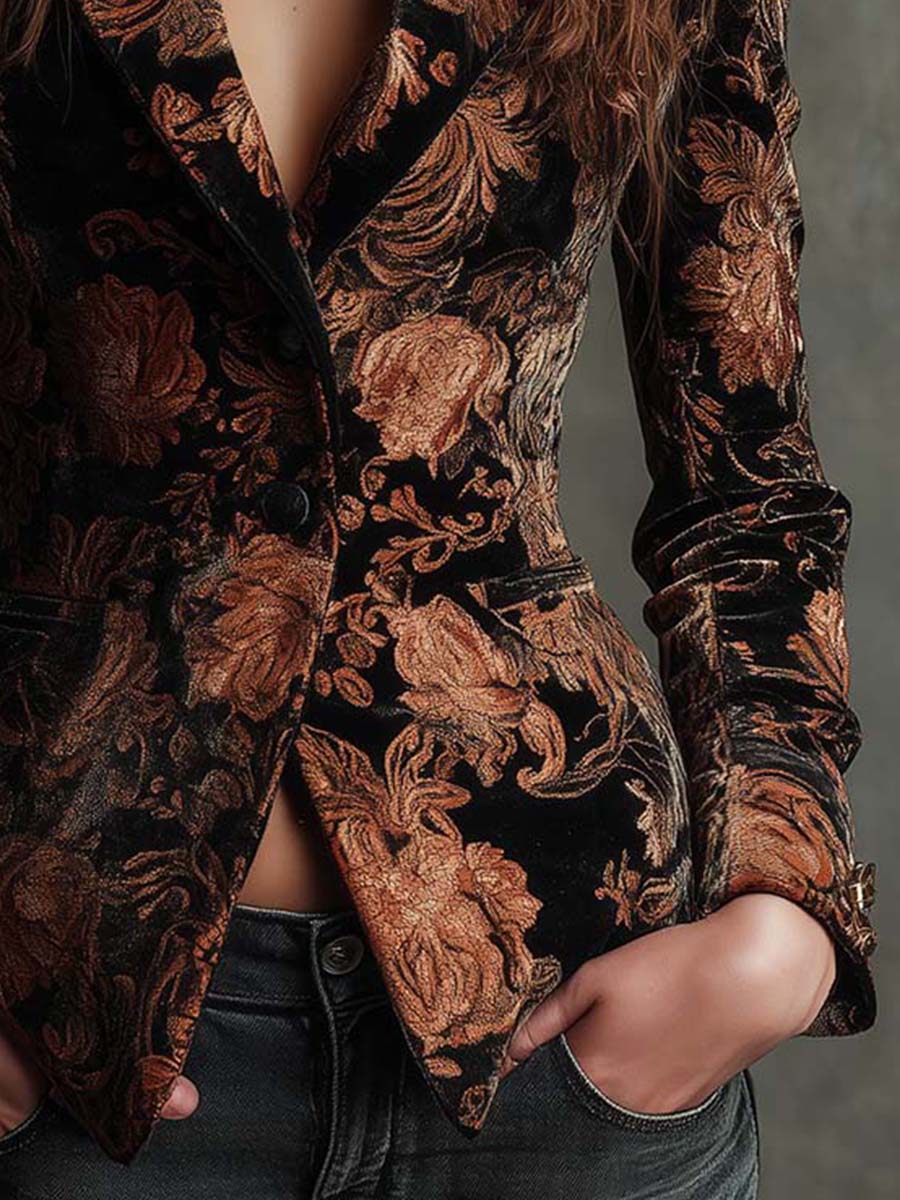 Manuela | Blazer de corte sastre con estampado floral en negro y bronce