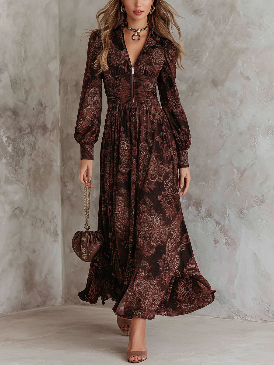 Clara | Vestido de cintura alta con cremallera y estampado de cachemira, marrón