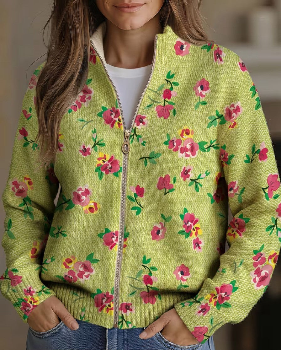 Constanza | Cárdigan rosa con estampado floral y cremallera color lima