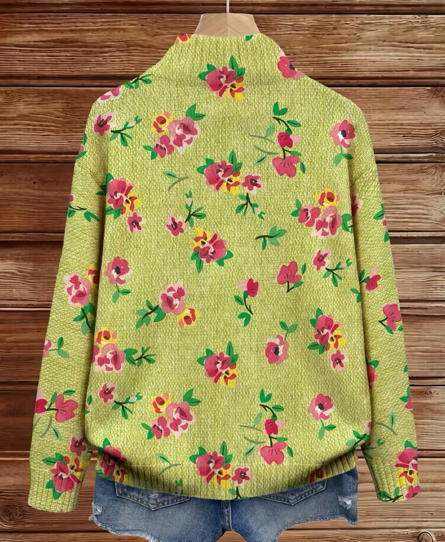Constanza | Cárdigan rosa con estampado floral y cremallera color lima