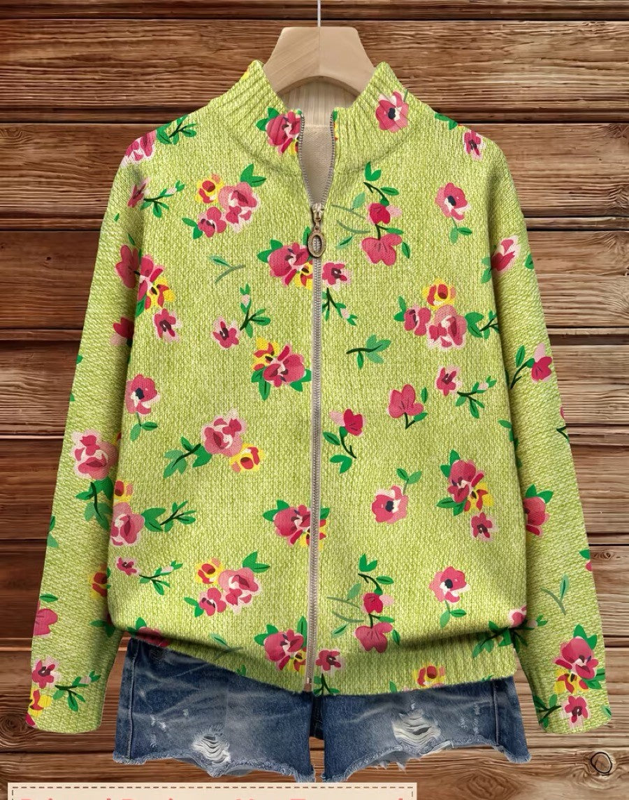 Constanza | Cárdigan rosa con estampado floral y cremallera color lima