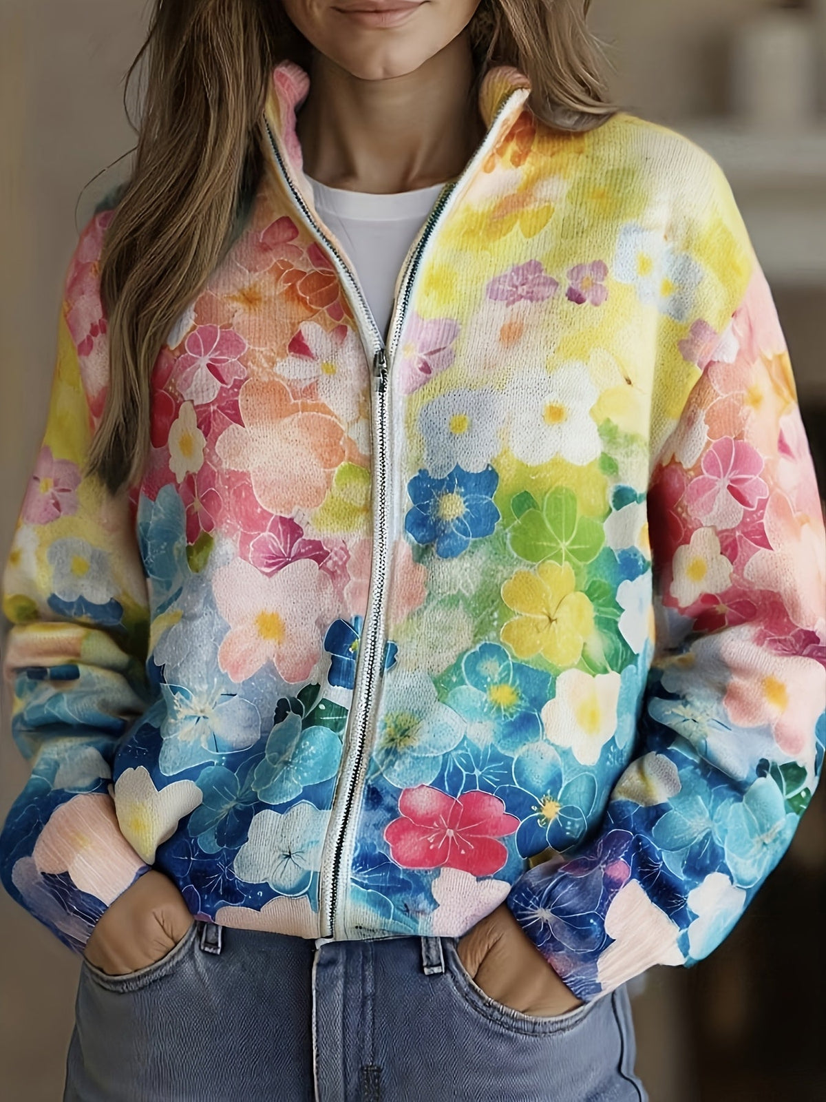 Aurelia | Cárdigan con cremallera y estampado floral en acuarela con efecto degradado