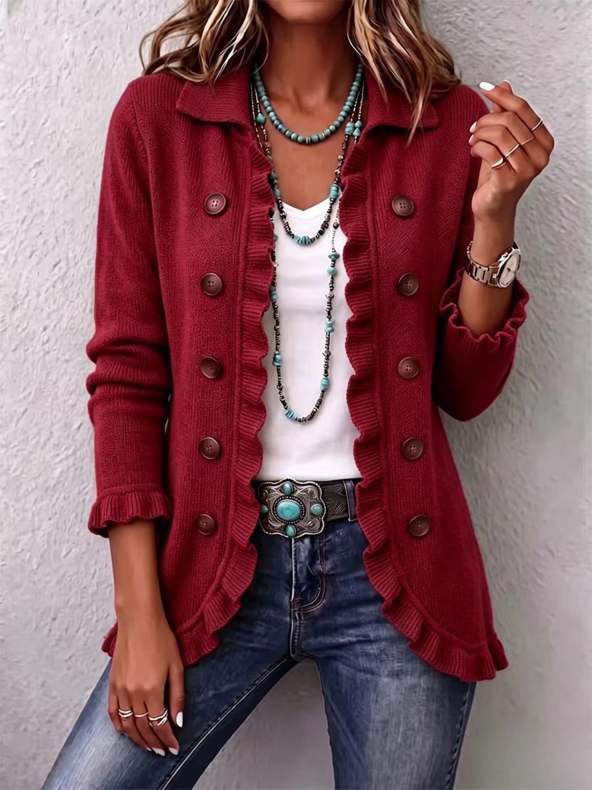 Ana | Chaqueta de punto en rojo rubí con volantes