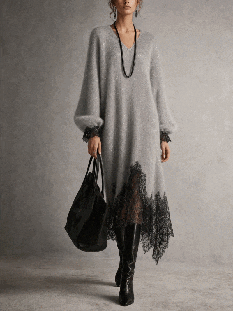 Ana | Vestido midi gris de punto con ribete de encaje