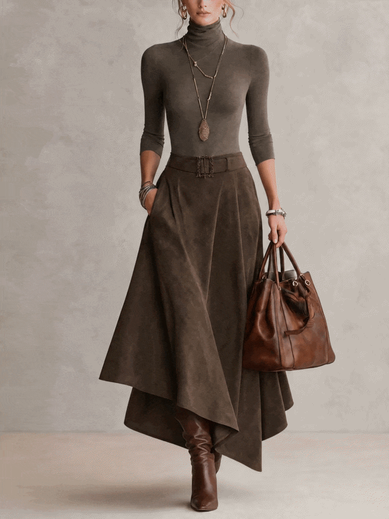 Amparo | Conjunto de color topo, de punto, con cuello alto y falda asimétrica con efecto ante