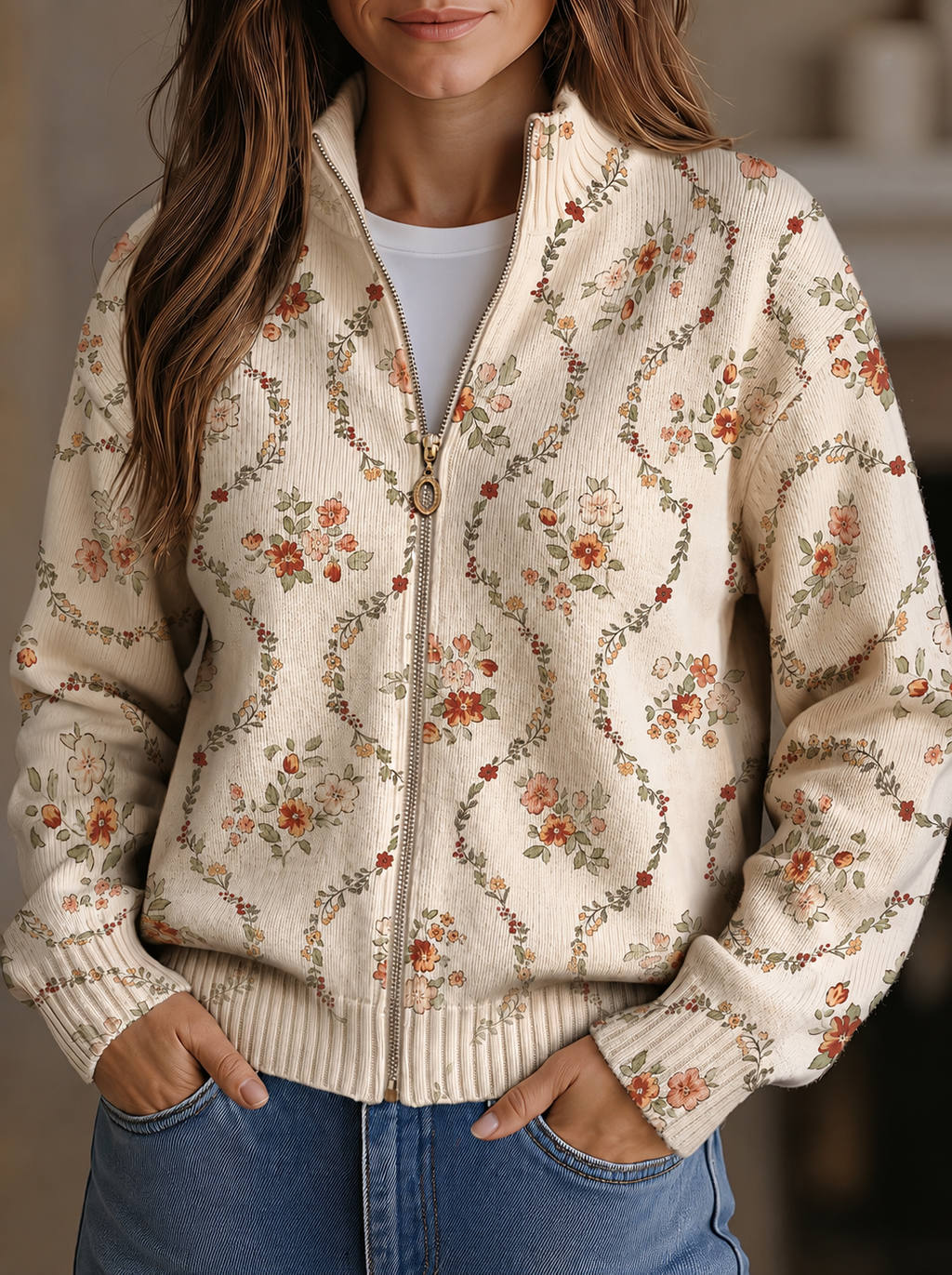 Paola | Estampado floral delicado en crema con motivos de enredaderas