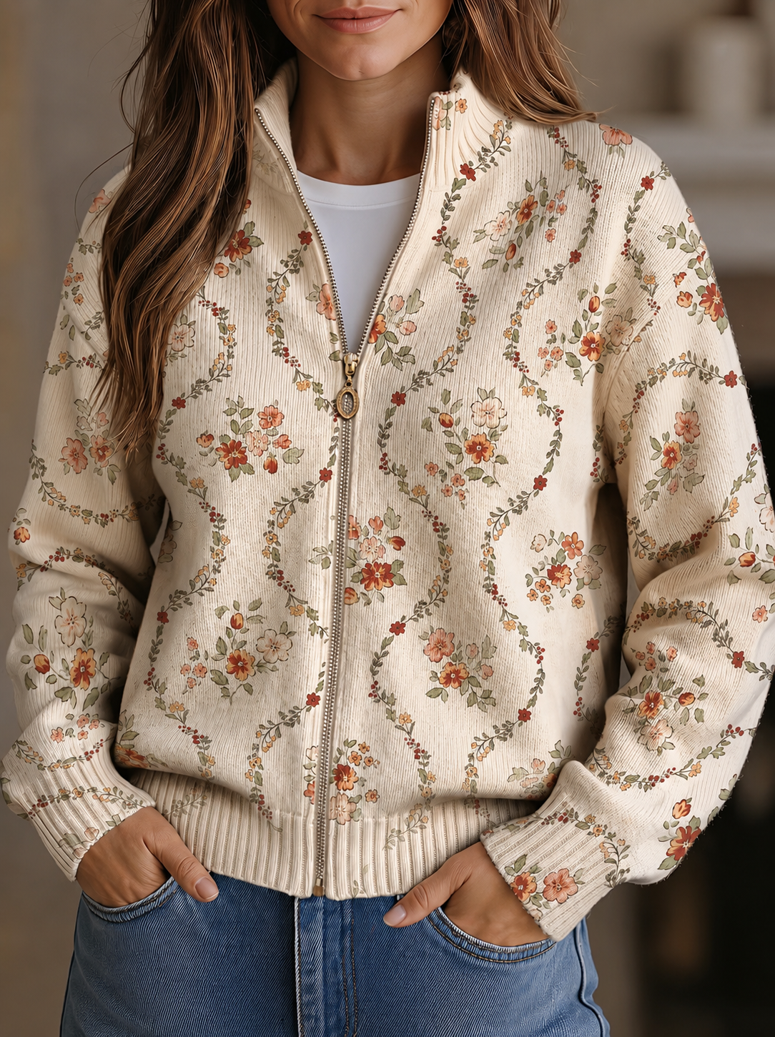 Paola | Estampado floral delicado en crema con motivos de enredaderas