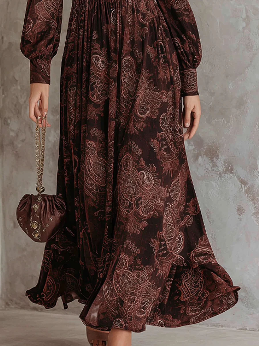 Clara | Vestido de cintura alta con cremallera y estampado de cachemira, marrón