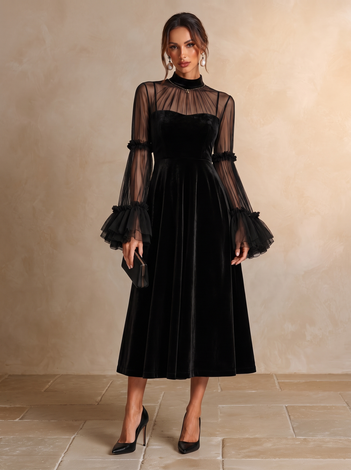 Beatriz | Vestido midi de terciopelo con mangas de tul, negro