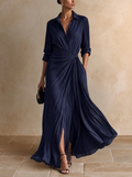 Alegría | Vestido largo tipo camisa con lazo en la cintura, azul marino