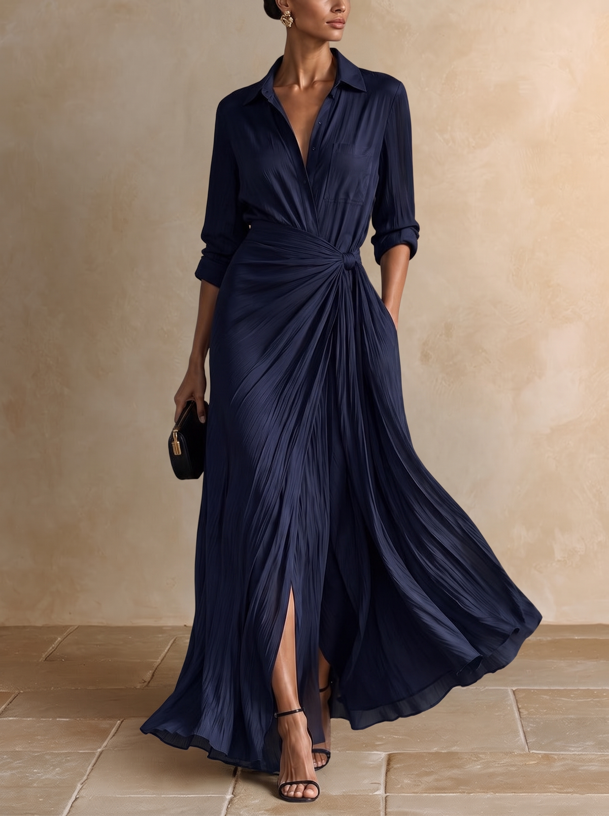Alegría | Vestido largo tipo camisa con lazo en la cintura, azul marino