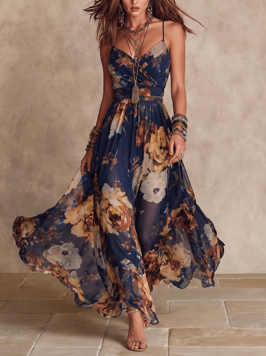 Manuela | Vestido largo de gasa con estampado floral y tirantes finos, azul marino
