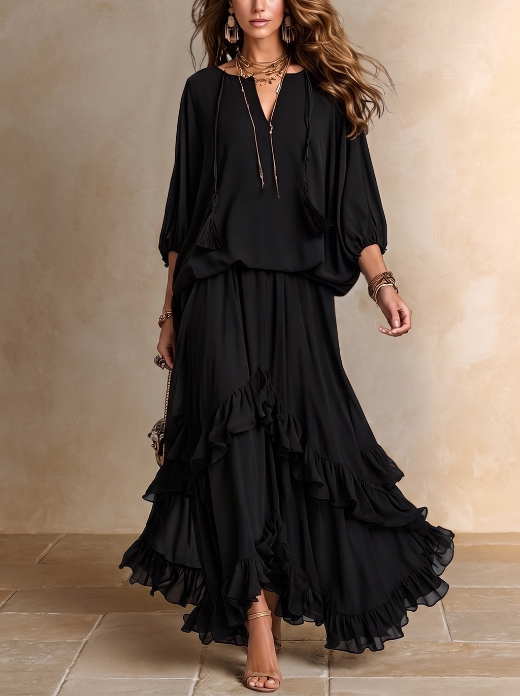 Rosario | Conjunto de top de gasa y falda con volantes, negro