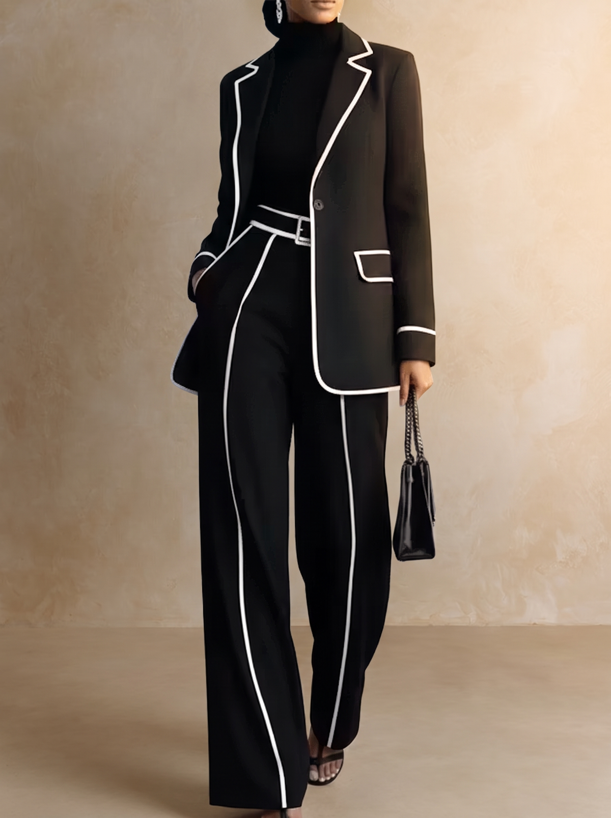 Manuela | Conjunto de chaqueta y pantalón con ribetes en contraste, negro