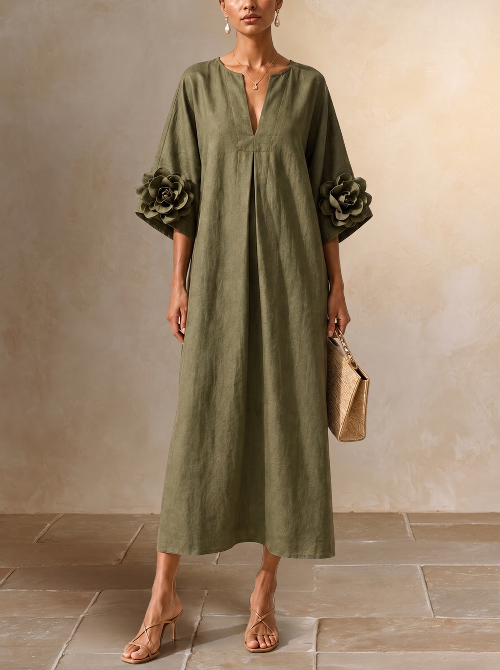 Pilar | Vestido midi con flores aplicadas en las mangas, verde oliva