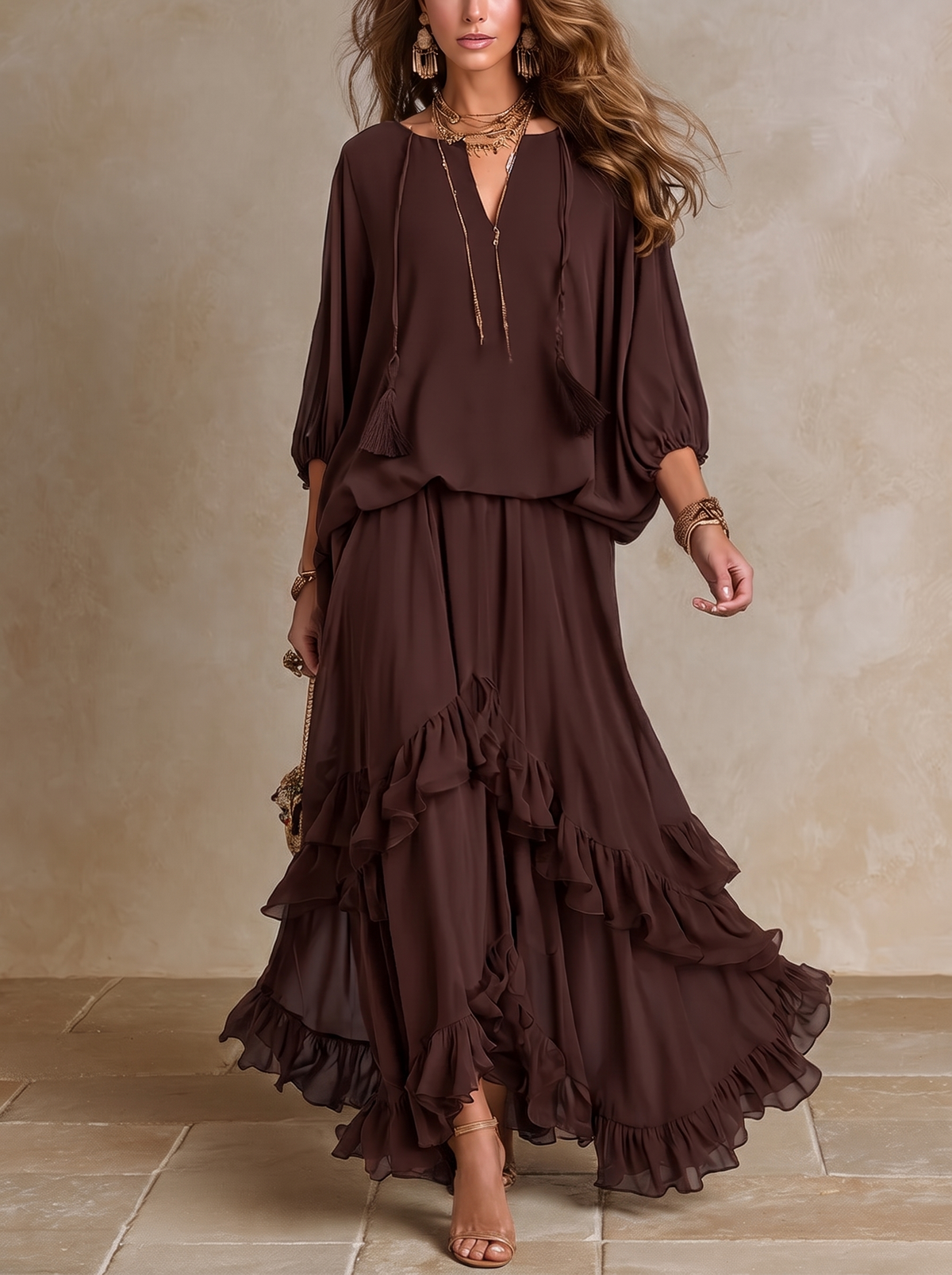 Daniela | Conjunto de top de gasa y falda con volantes, color chocolate
