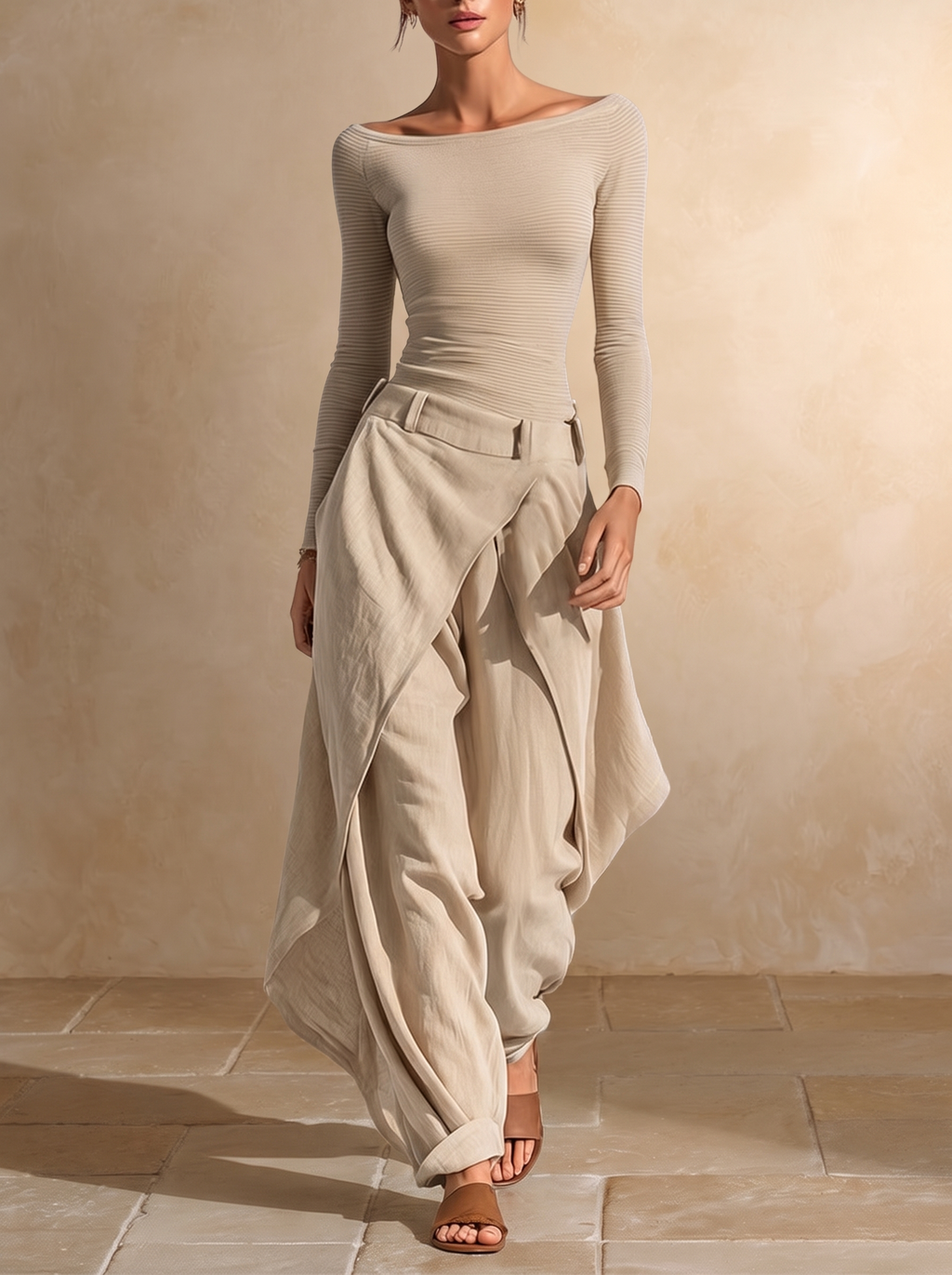 Carmen | Conjunto de top con cuello barco y pantalón en capas, beige
