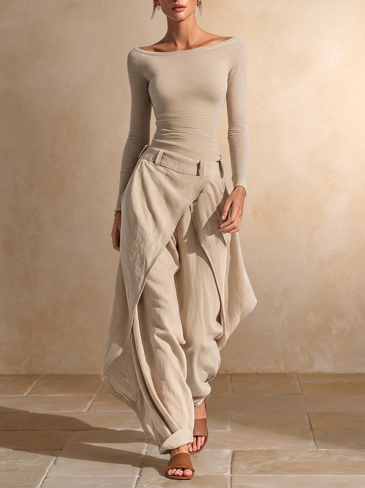 Carmen | Conjunto de top con cuello barco y pantalón en capas, beige