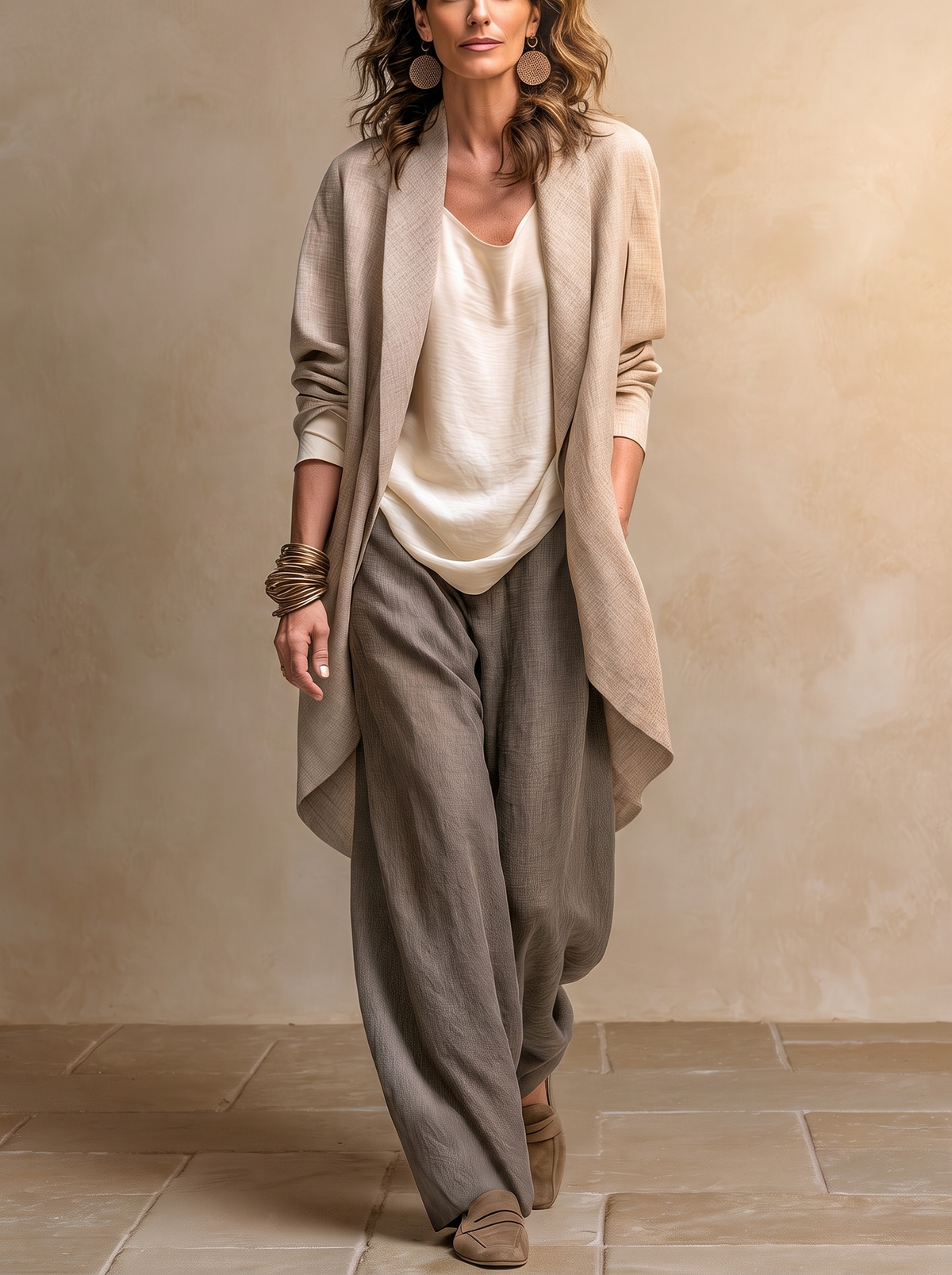 Julieta | Conjunto de tres piezas con pantalón palazzo, en beige y gris