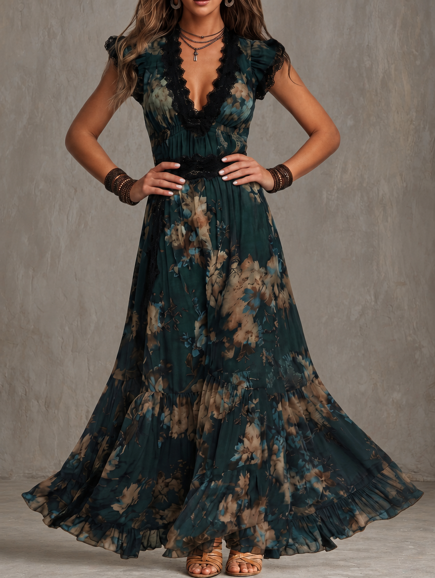 Alina | Vestido largo de gasa vintage verde oscuro con encaje floral