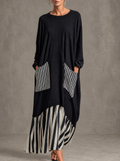 Sonia | Vestido largo oversize de algodón negro con rayas estilo patchwork