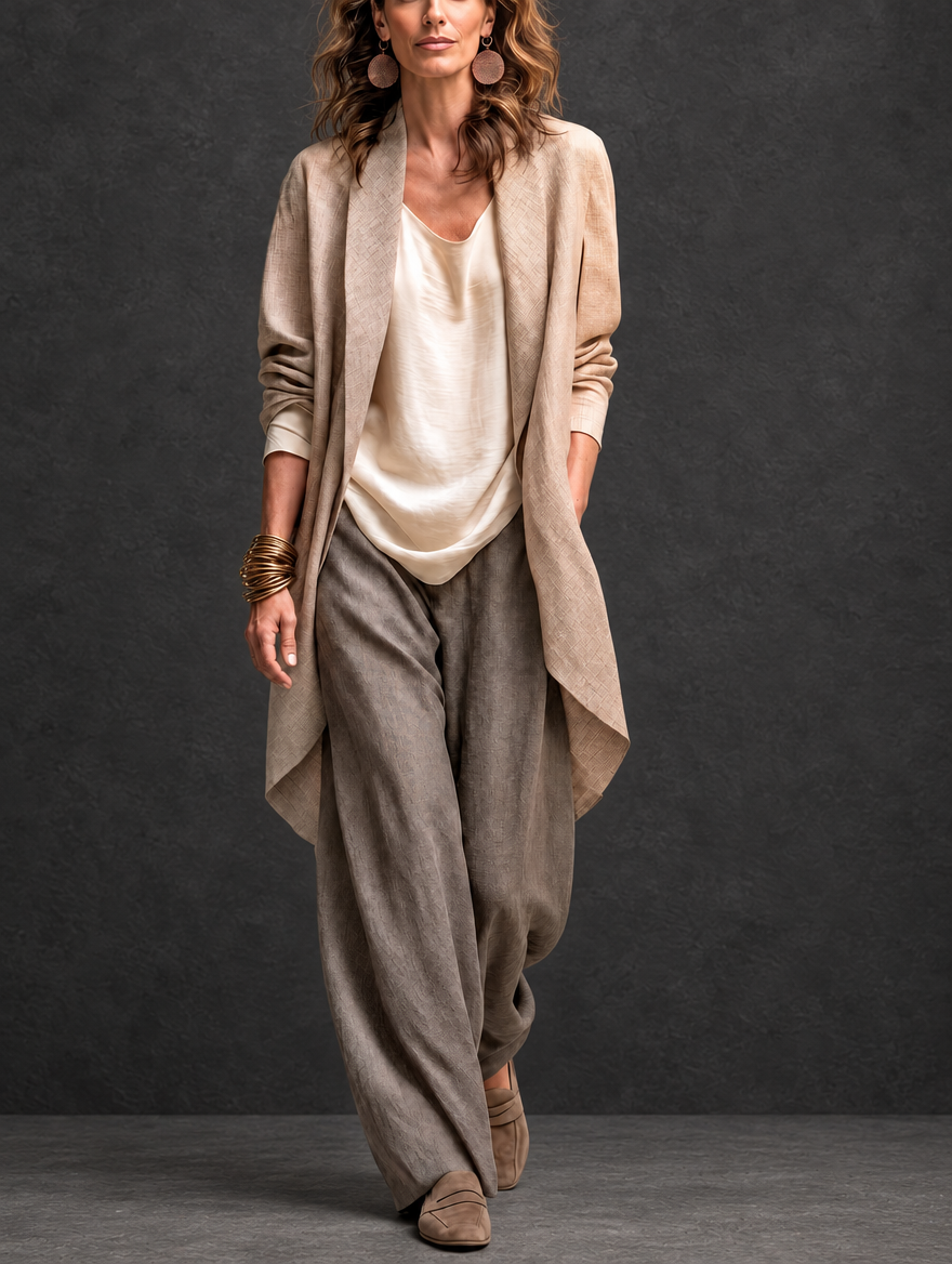 Carmen | Elegante traje de tres piezas en beige y gris con pantalones palazzo en capas