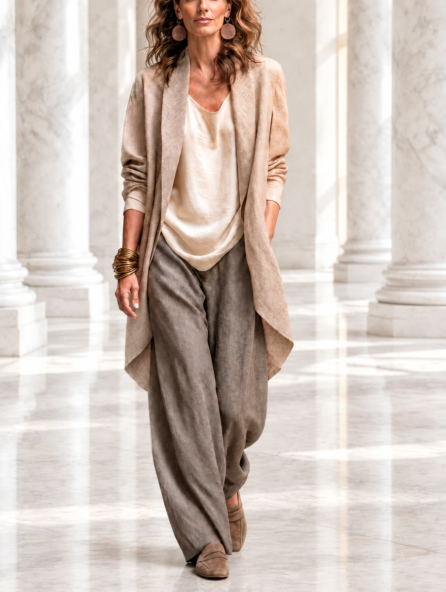 Carmen | Elegante traje de tres piezas en beige y gris con pantalones palazzo en capas
