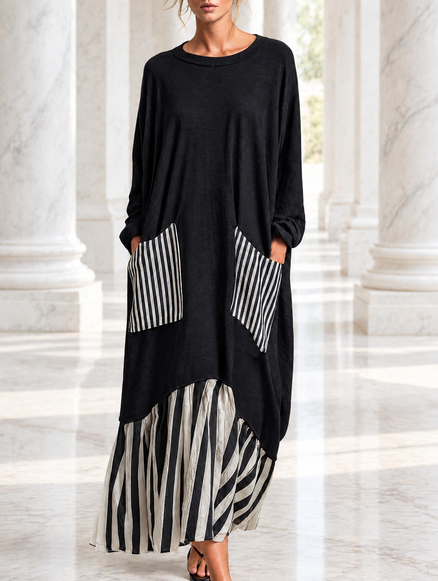 Sonia | Vestido largo oversize de algodón negro con rayas estilo patchwork