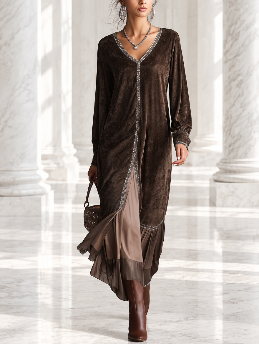 Teresa | Vestido midi acampanado de ante sintético con escote en V y detalle de acabado