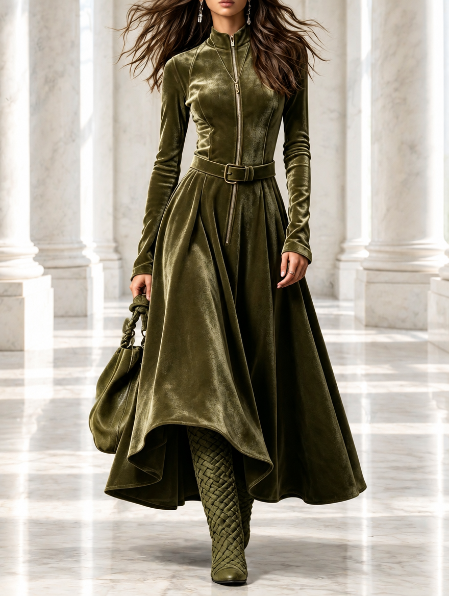 Ramona | Vestido largo de terciopelo verde oliva con cremallera frontal de estilo vintage (cinturón incluido)