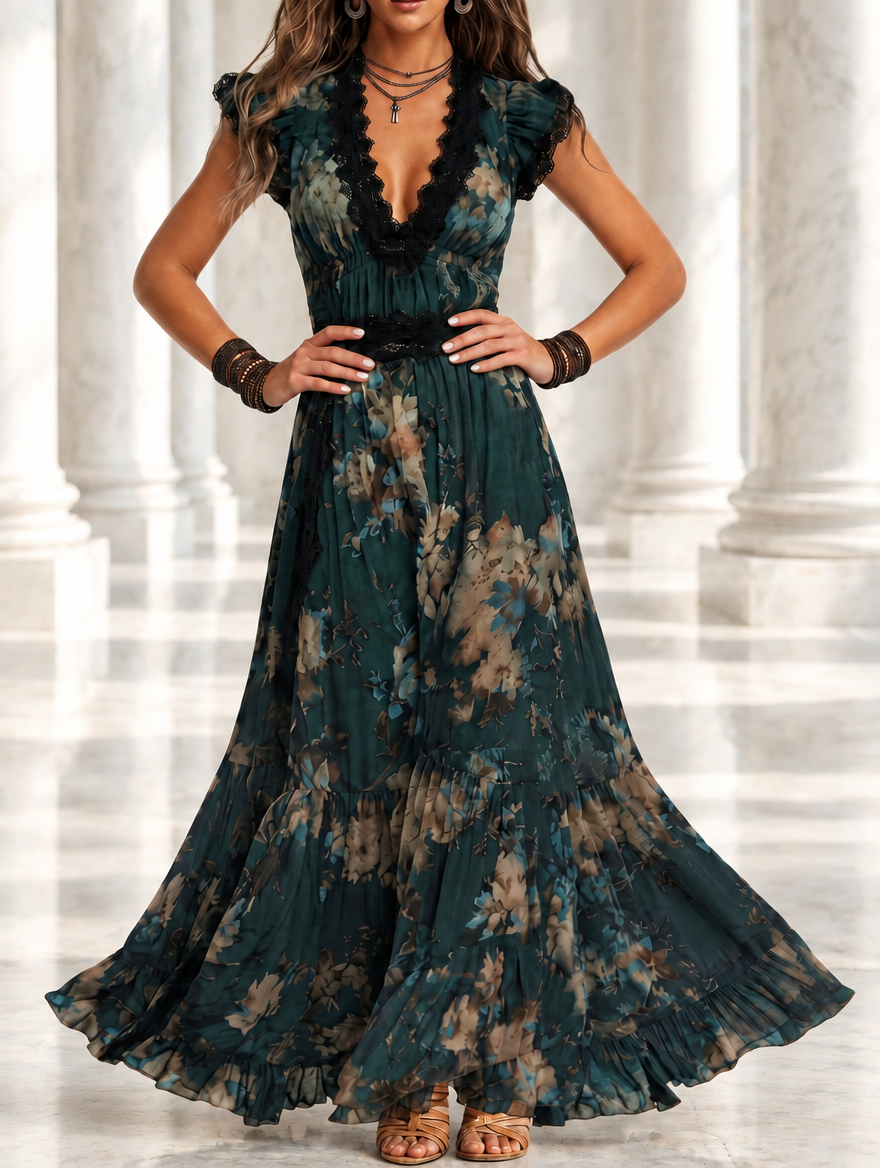 Alina | Vestido largo de gasa vintage verde oscuro con encaje floral