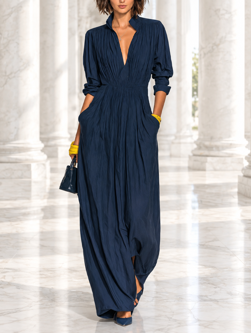 Dana | Vestido largo plisado azul marino con escote en V