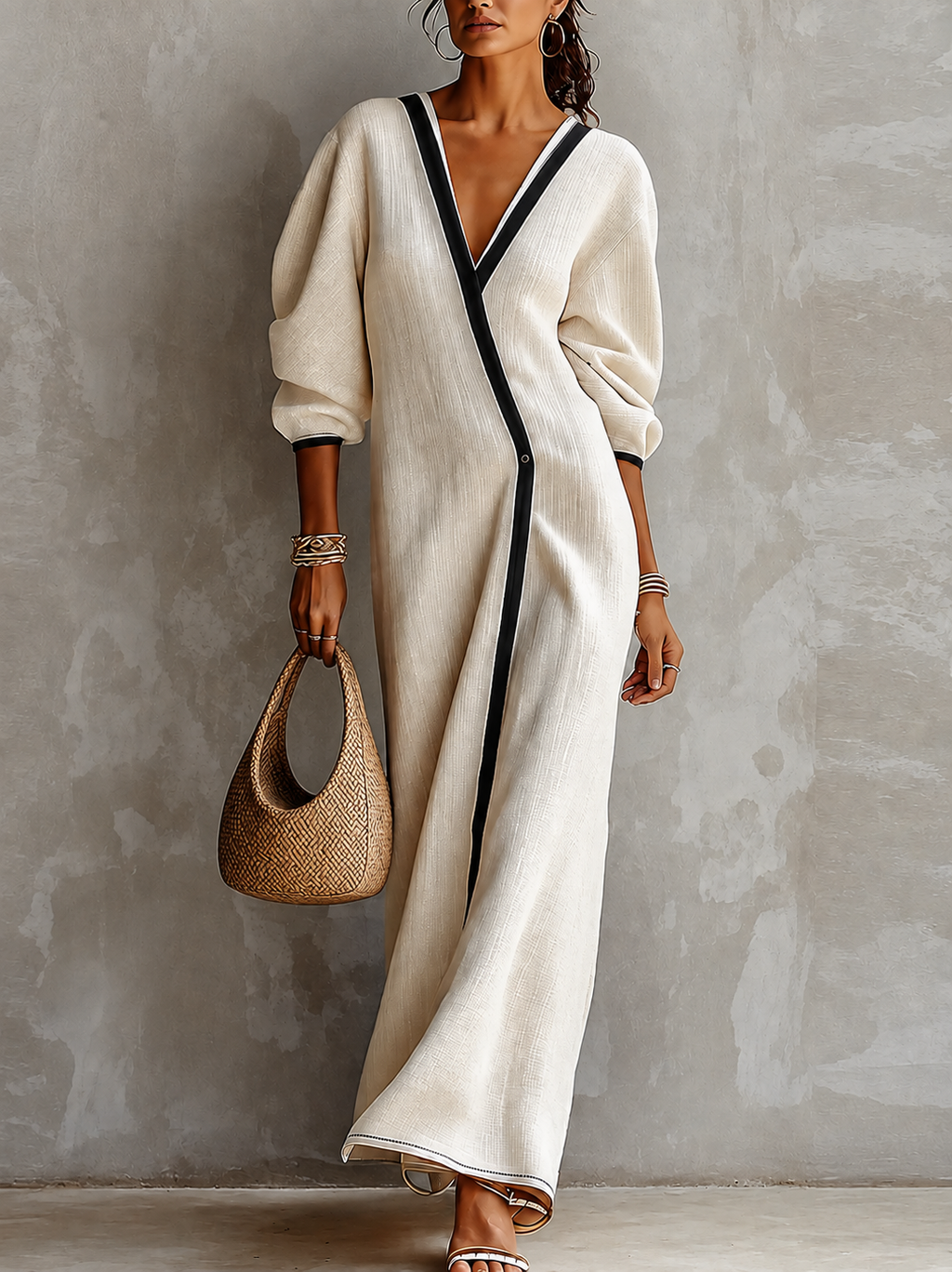 Vestido largo de lino beige para mujer, con escote en V y mangas acampanadas con ribetes negros