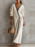 Vestido largo de lino beige para mujer, con escote en V y mangas acampanadas con ribetes negros