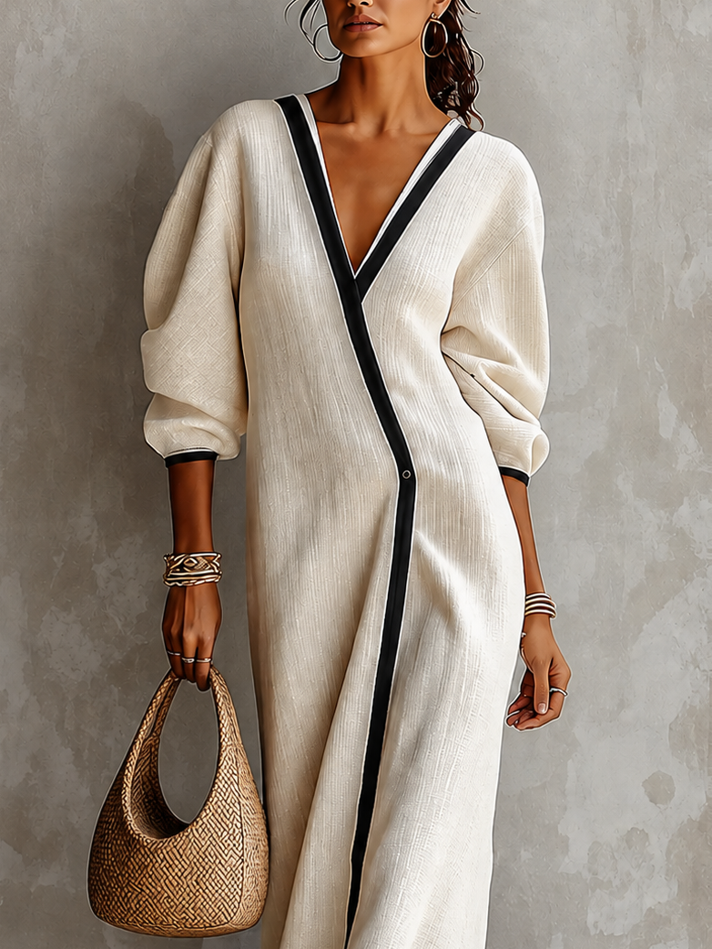 Vestido largo de lino beige para mujer, con escote en V y mangas acampanadas con ribetes negros