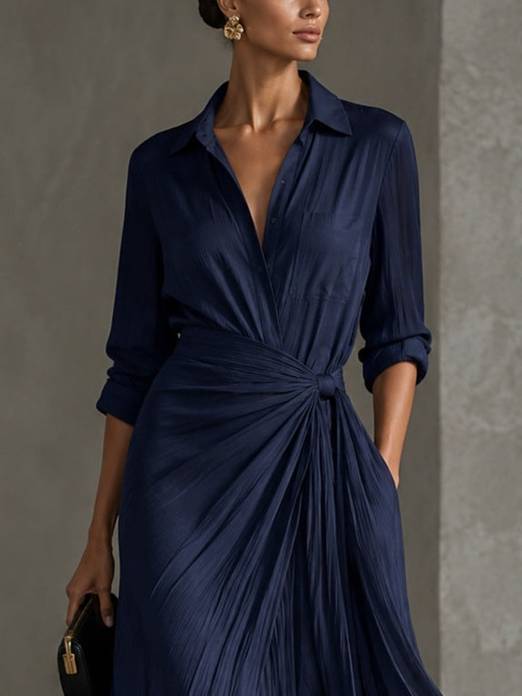 Alegría | Vestido largo tipo camisa con lazo en la cintura, azul marino