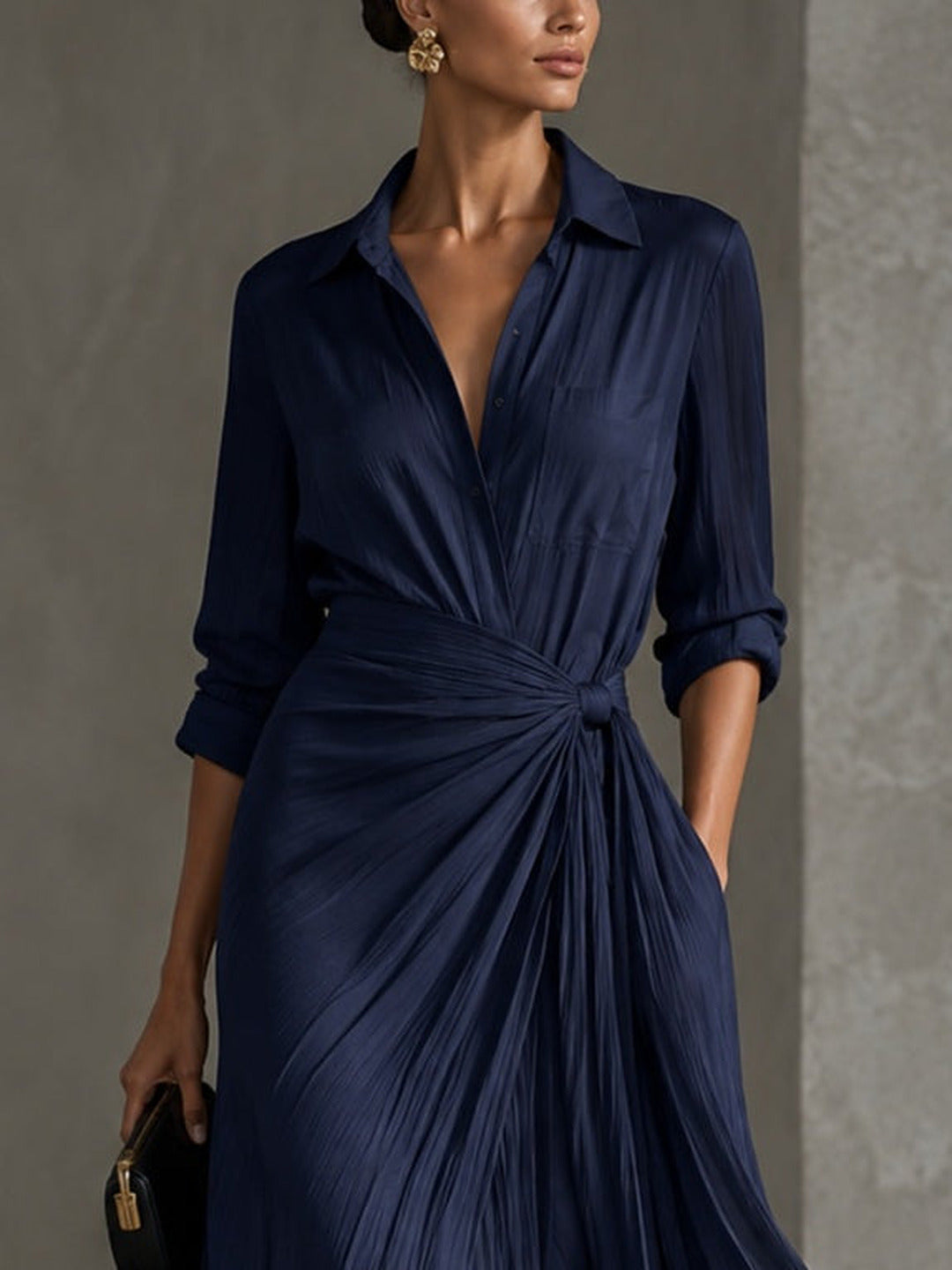 Alegría | Vestido largo tipo camisa con lazo en la cintura, azul marino