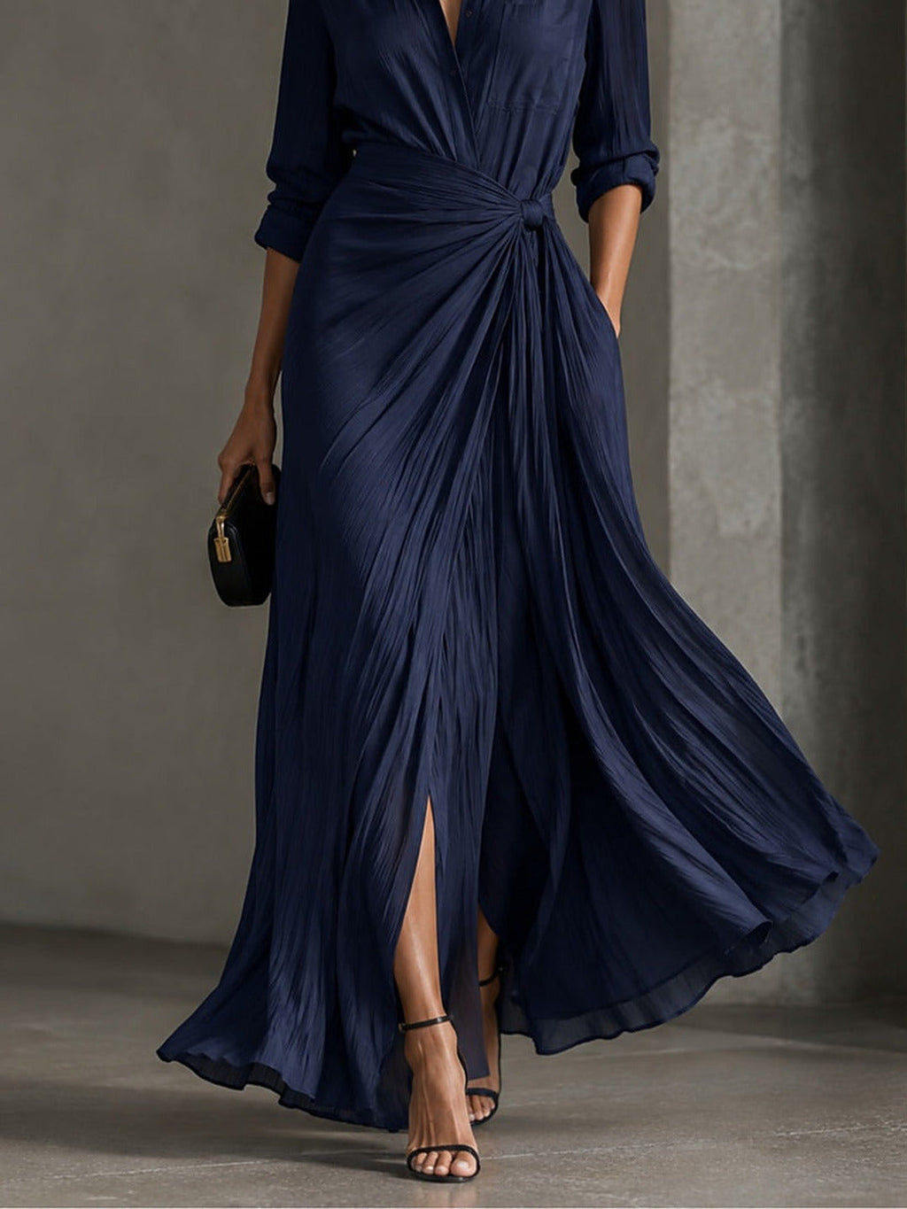 Alegría | Vestido largo tipo camisa con lazo en la cintura, azul marino