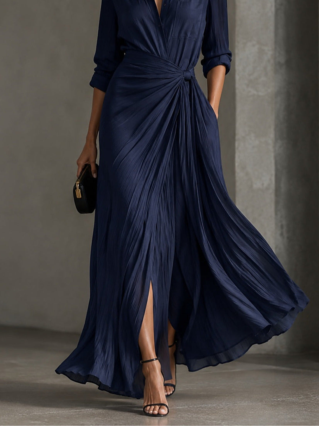 Alegría | Vestido largo tipo camisa con lazo en la cintura, azul marino