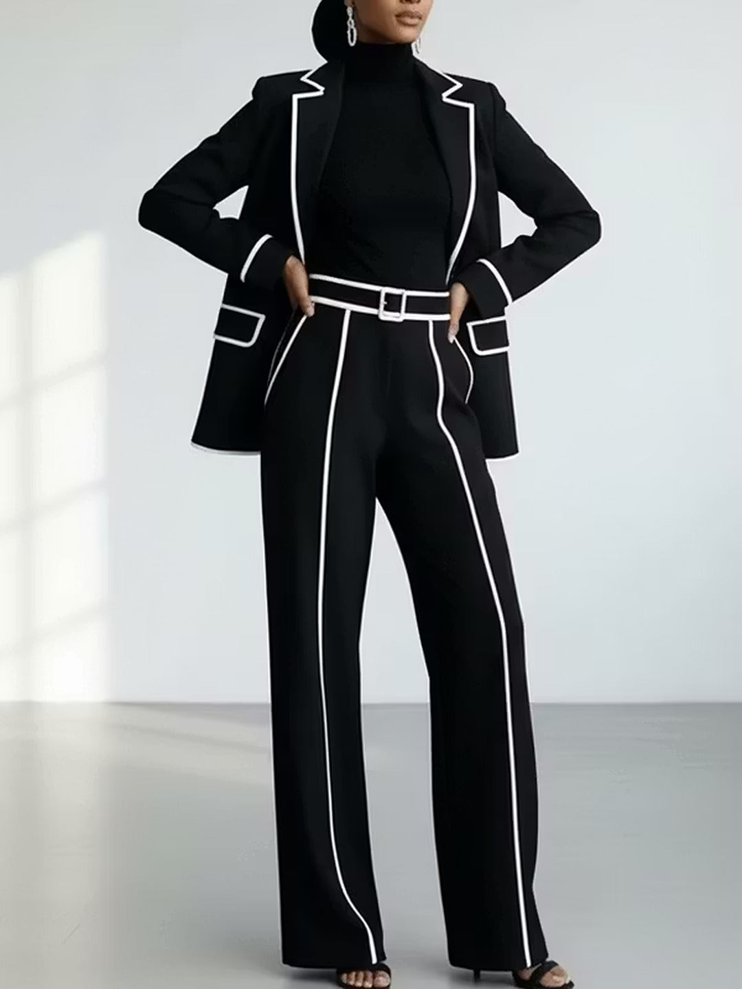 Manuela | Conjunto de chaqueta y pantalón con ribetes en contraste, negro