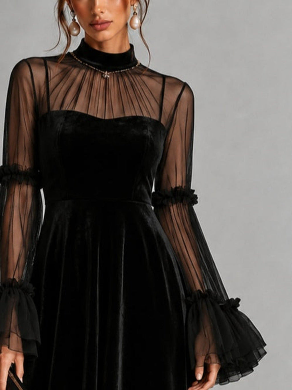 Beatriz | Vestido midi de terciopelo con mangas de tul, negro