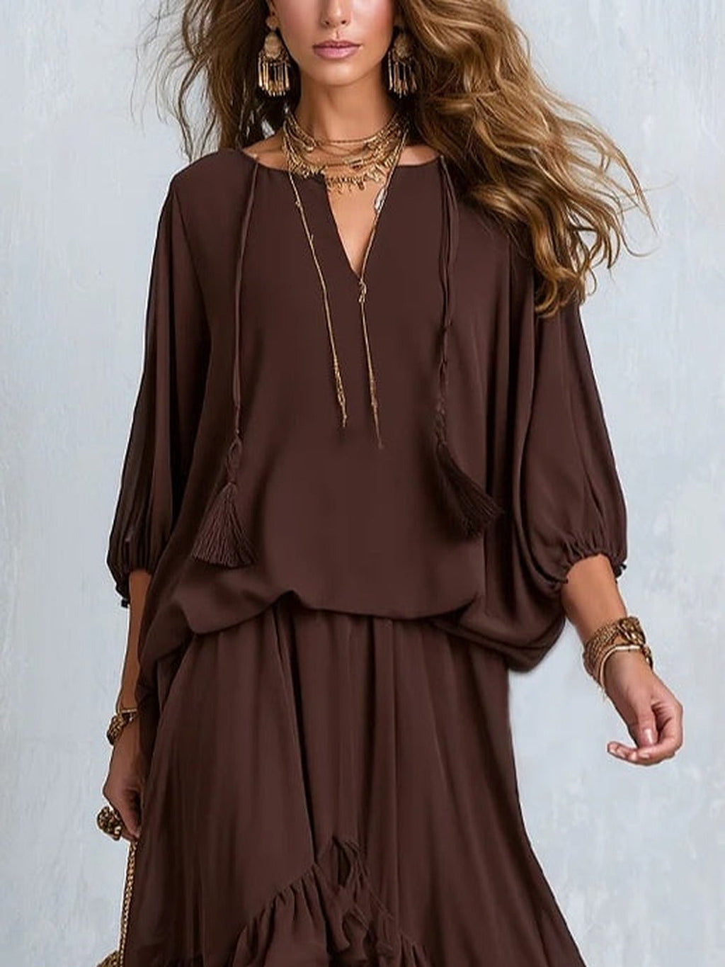 Daniela | Conjunto de top de gasa y falda con volantes, color chocolate