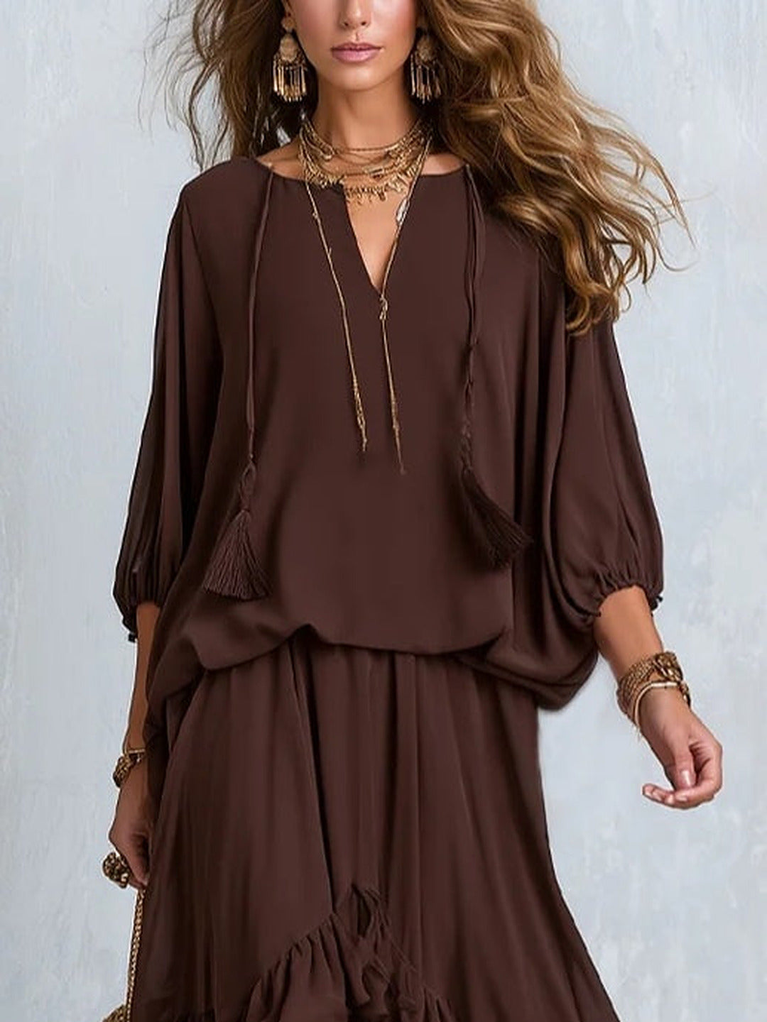 Daniela | Conjunto de top de gasa y falda con volantes, color chocolate