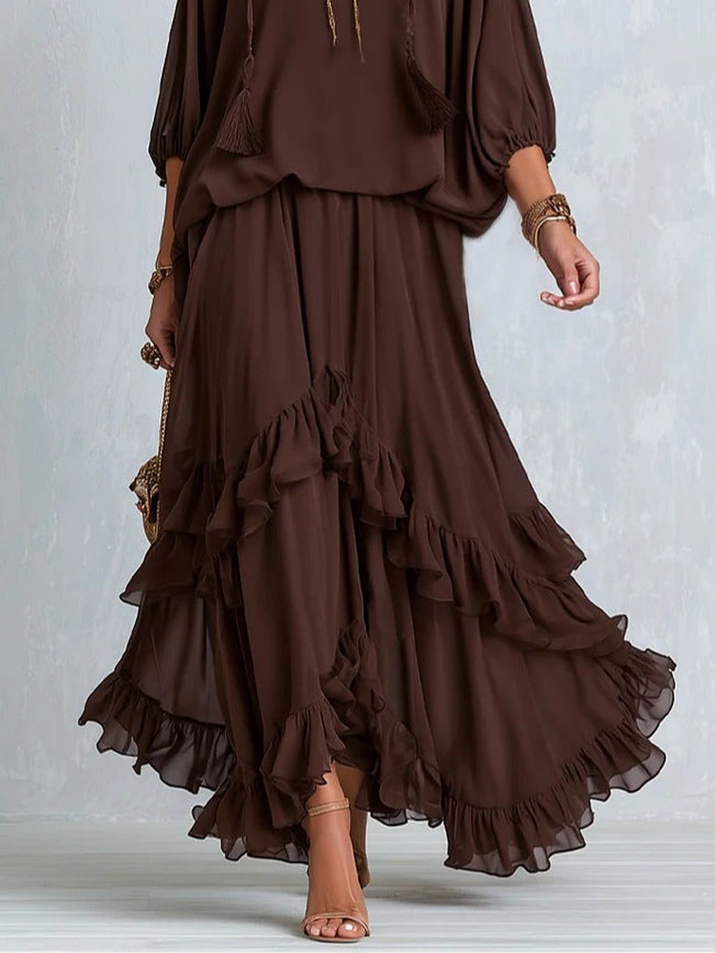 Daniela | Conjunto de top de gasa y falda con volantes, color chocolate