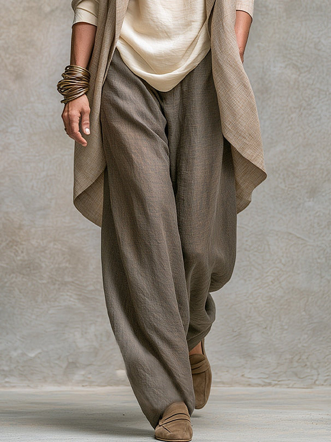 Julieta | Conjunto de tres piezas con pantalón palazzo, en beige y gris
