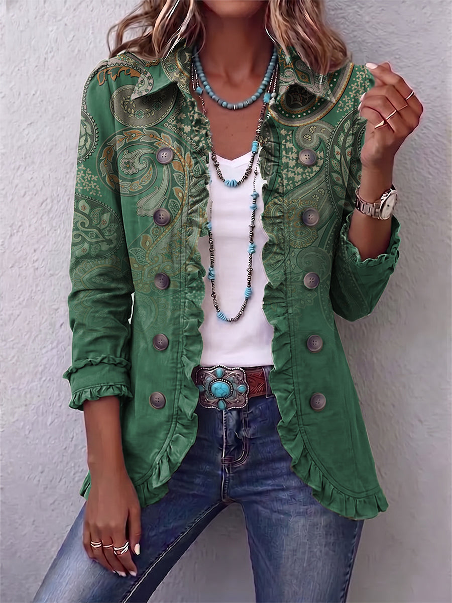 Amor | Chaqueta de cachemira verde estampada con volantes