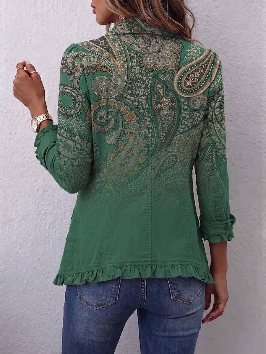 Amor | Chaqueta de cachemira verde estampada con volantes